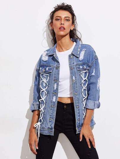 Lace Up Detail Front Ripped Denim Jacket