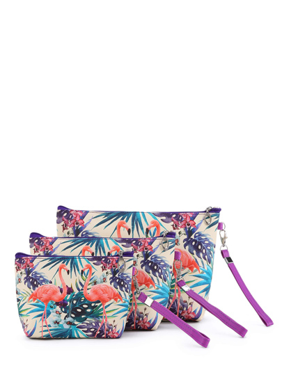 Sac de maquillage imprimé du flamant 3 pièces