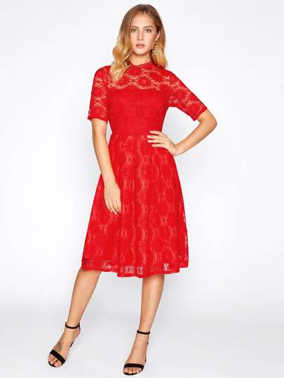 Lace Overlay Fit & Flare Dress