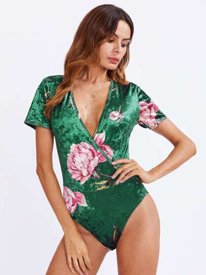 Plunging Overlap Front Floral Velvet Bodysuit