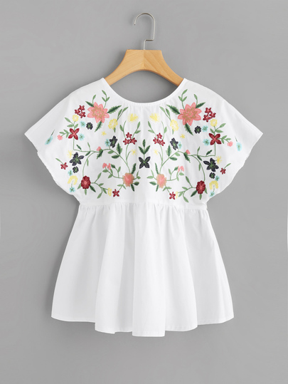 Botanical Embroidered Lace Up Back Dolman Top