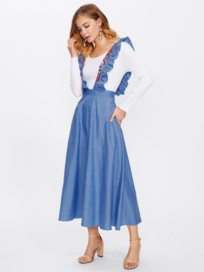Chambray Skirt With Embroidered Ruffle Strap