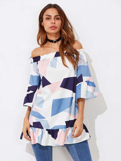 Bardot Frill Trim Abstract Geo Print Top