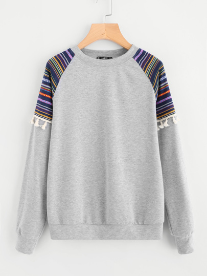 Tassel Trim Striped Jacquard Panel Pullover