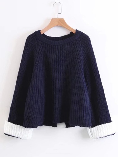 Contrast Cuff Raglan Sleeve Sweater