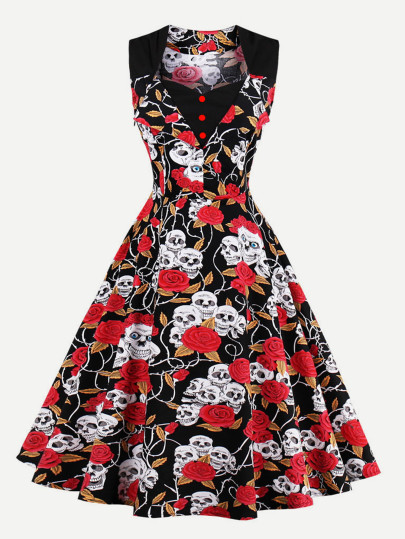 Skull Head Random Print Single Breasted Flare Dress