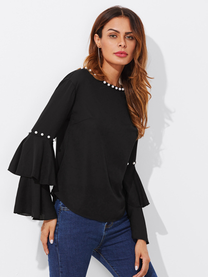 Tiered Trumpet Sleeve Pearl Embellished Blouse
