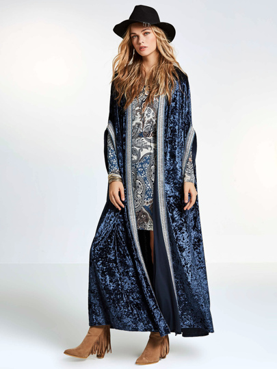 Embroidered Taped Trim Velvet Longline Cardigan