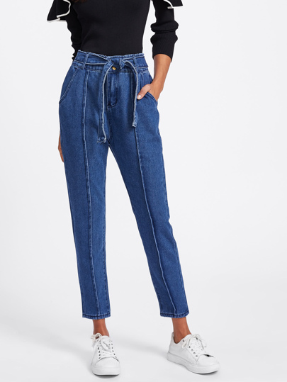 Tie Waist Seam Front Jeans