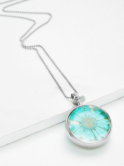 Glass Flower Round Pendant Chain Necklace