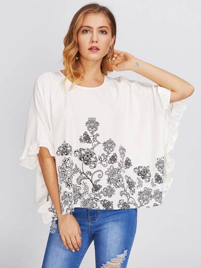 Frilled Cuff Botanical Print Batwing Top