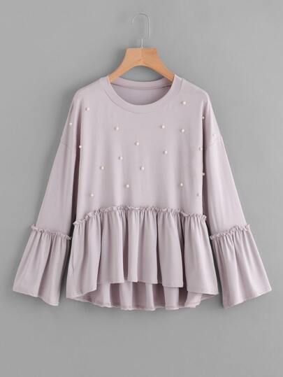 Camiseta fruncido de manga flauta con perlas