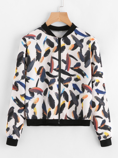 Blouson découpé contrasté imprimé des plumes