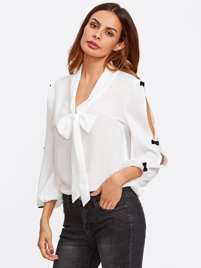 Bow Embellished Split Sleeve Tie Neck Blouse
