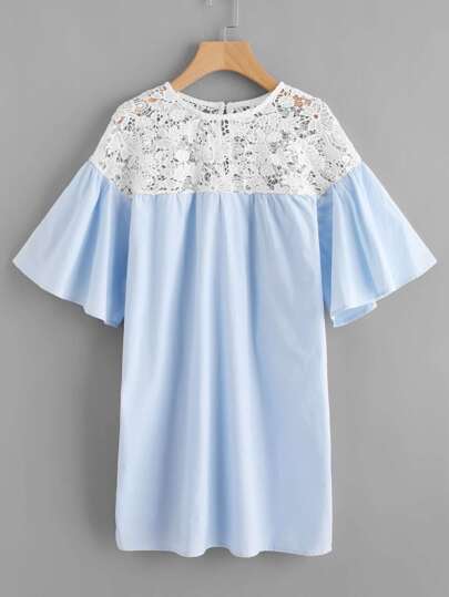 Contrast Guipure Lace Shoulder Bell Sleeve Dress