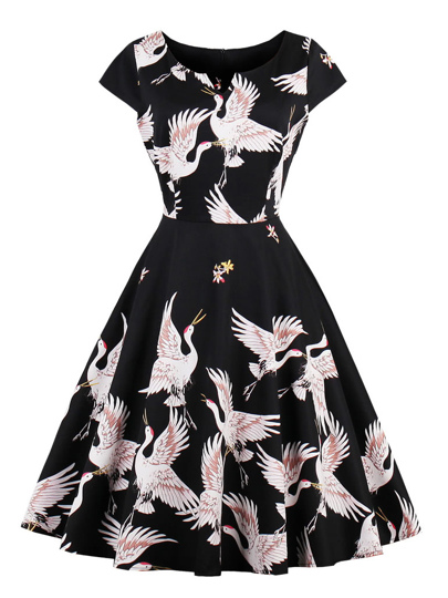 Cranes Print V Cut Circle Dress