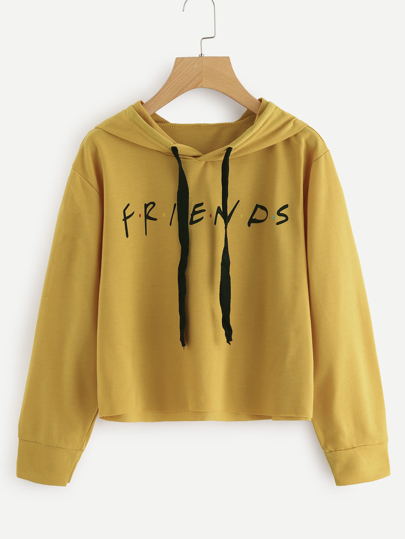 Friends Print Drop Shoulder Raw Hem Hoodie
