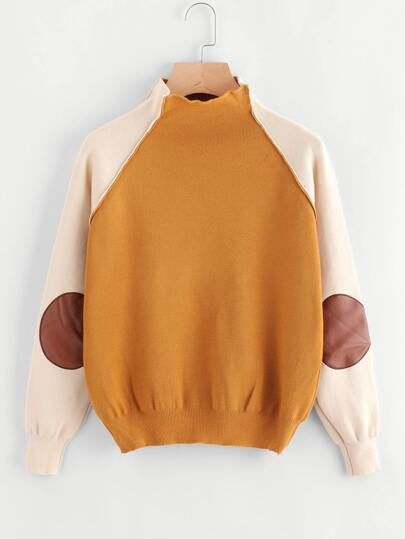 High Neck Contrast Raglan Sleeve Patch Sweater