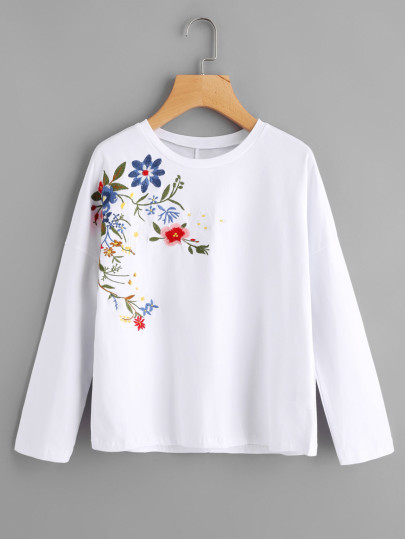 Drop Shoulder Flower Blossom Embroidered Tee