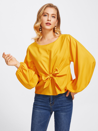 Lantern Sleeve Knot Bow Front Top