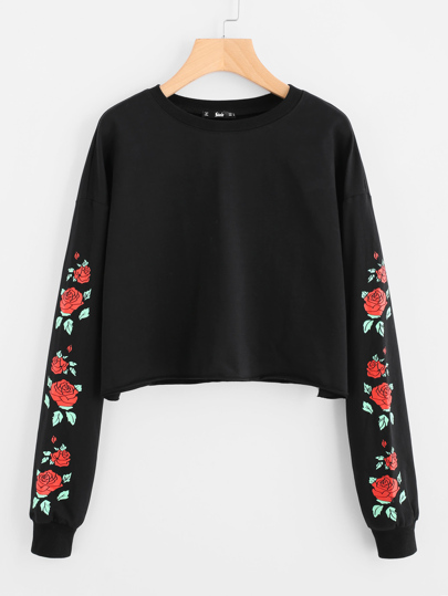 Sweat-shirt court imprimé rose avec la chute de l'épaule