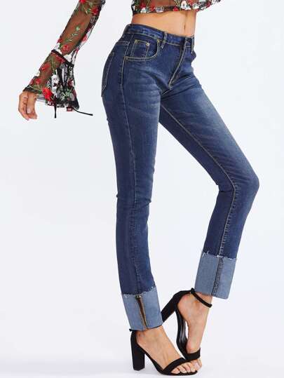 Raw Hem Cuffed Straight Jeans