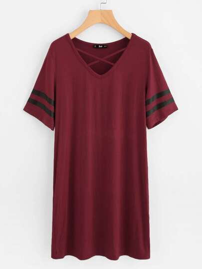 Crisscross Neck Striped Sleeve Nightdress