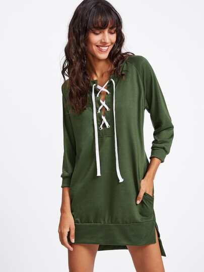 Vestido sudadera raglán con abertura lateral con ojal con cordón