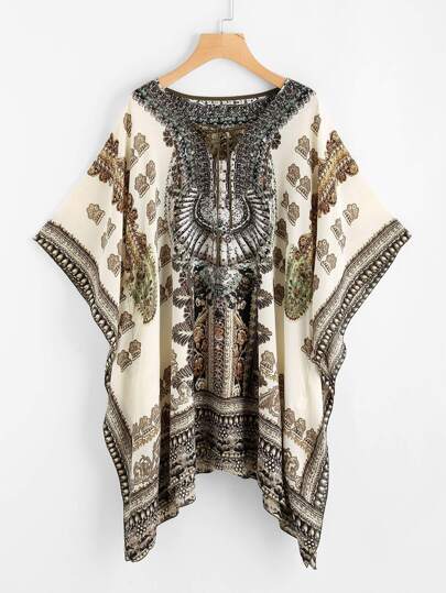 Tribal Print Batwing Sleeve Lace Up Front Blouse
