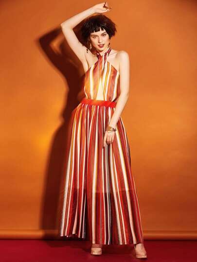 Robe ras de cou croisée avant à rayures