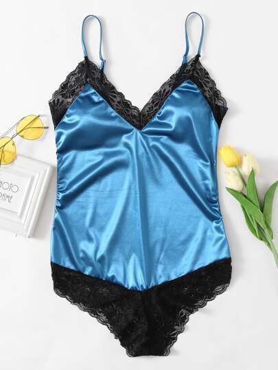 Lace Trim Satin Teddy