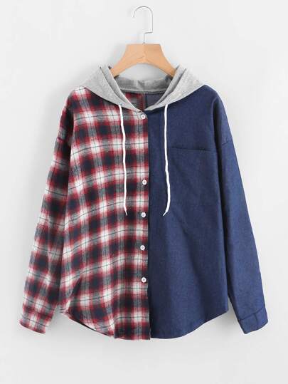 Blouse à capuche contrastée en tartan avec la chute de l\'épaule