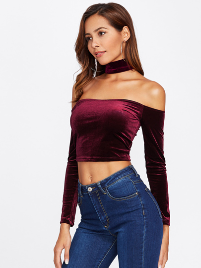 Off Shoulder Choker Crop Velvet Tee