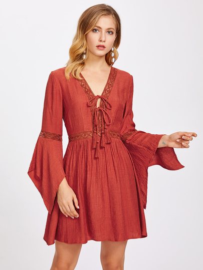 Lace Insert Tassel Tie Front Bell Sleeve Dress