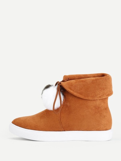 Double Pom Pom Lace Up Flat Boots