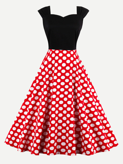 Sweetheart Neck Contrast Polka Dot Swing Dress