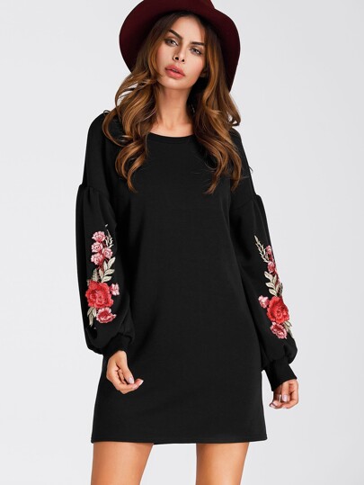 Vestido aplique bordado de rosa de manga farol