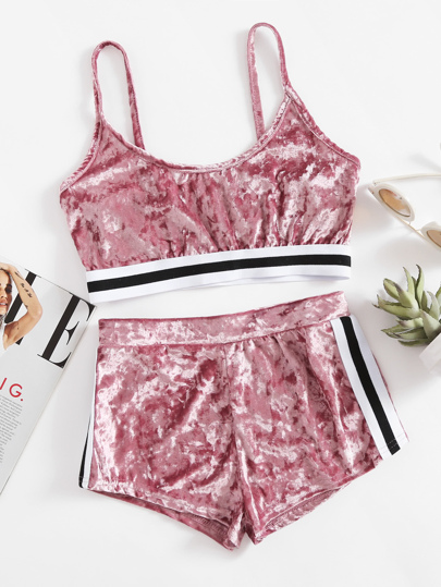 Velvet Stripe Trim Crop Cami Top With Shorts