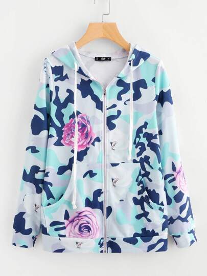 Hoodiejacke mit Blumen und Camo Muster