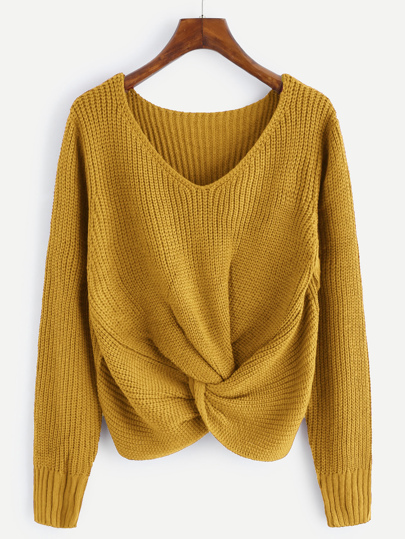 V-neckline Twist Front Chunky Knit Sweater