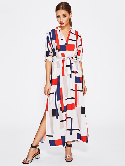 Geo Print V Neckline Tie Waist Shirt Dress