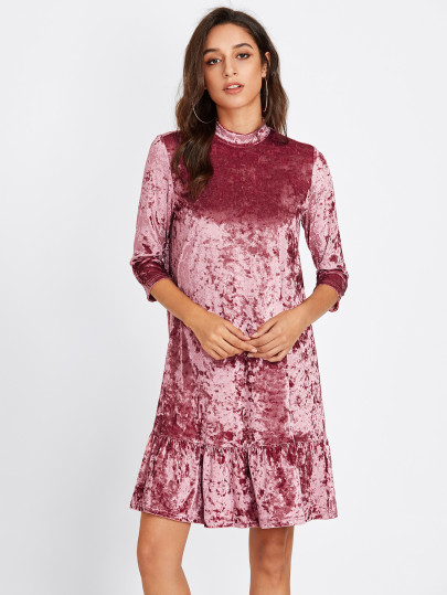 Mock Neck Frill Hem Crushed Velvet Dress