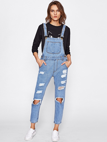 Distressed Denim Overalls