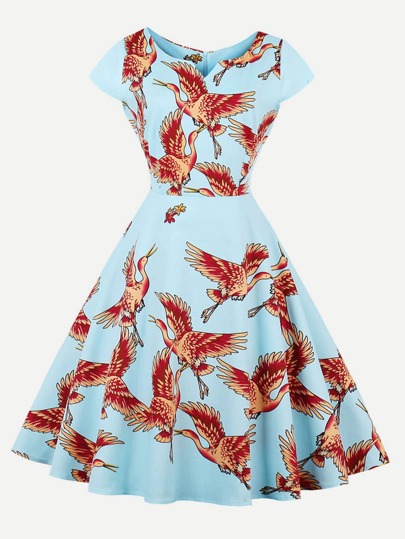 Random Print V Cut Circle Dress