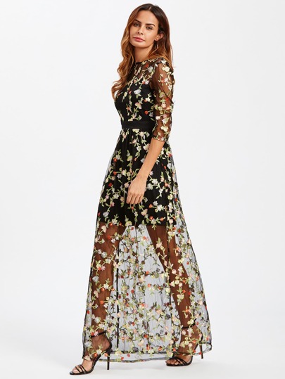 Botanical Embroidery Mesh Overlay 2 In 1 Dress