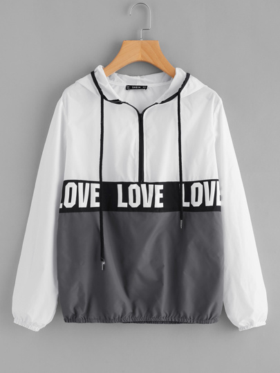 Zip Front LOVE Print Windbreaker Hoodie Jacket