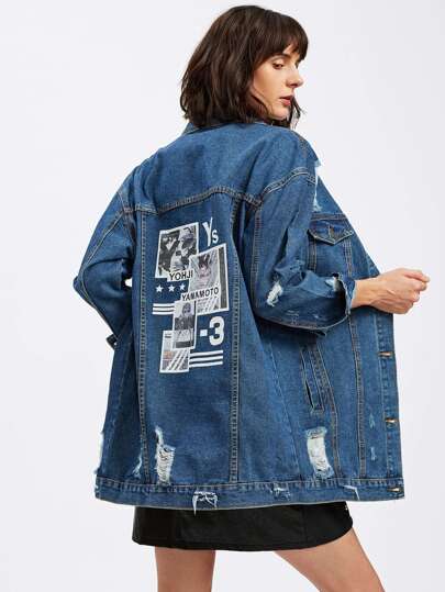 Graphic Print Ripped Loose Jacket