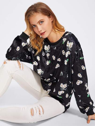 Sweat-shirt en velvet imprimé fleur partout