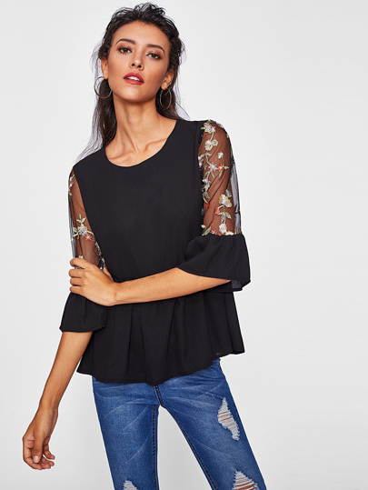 Contrast Embroidery Mesh Sleeve Frill Trim Top