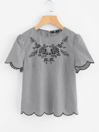 Scallop Edge Embroidered Gingham Top